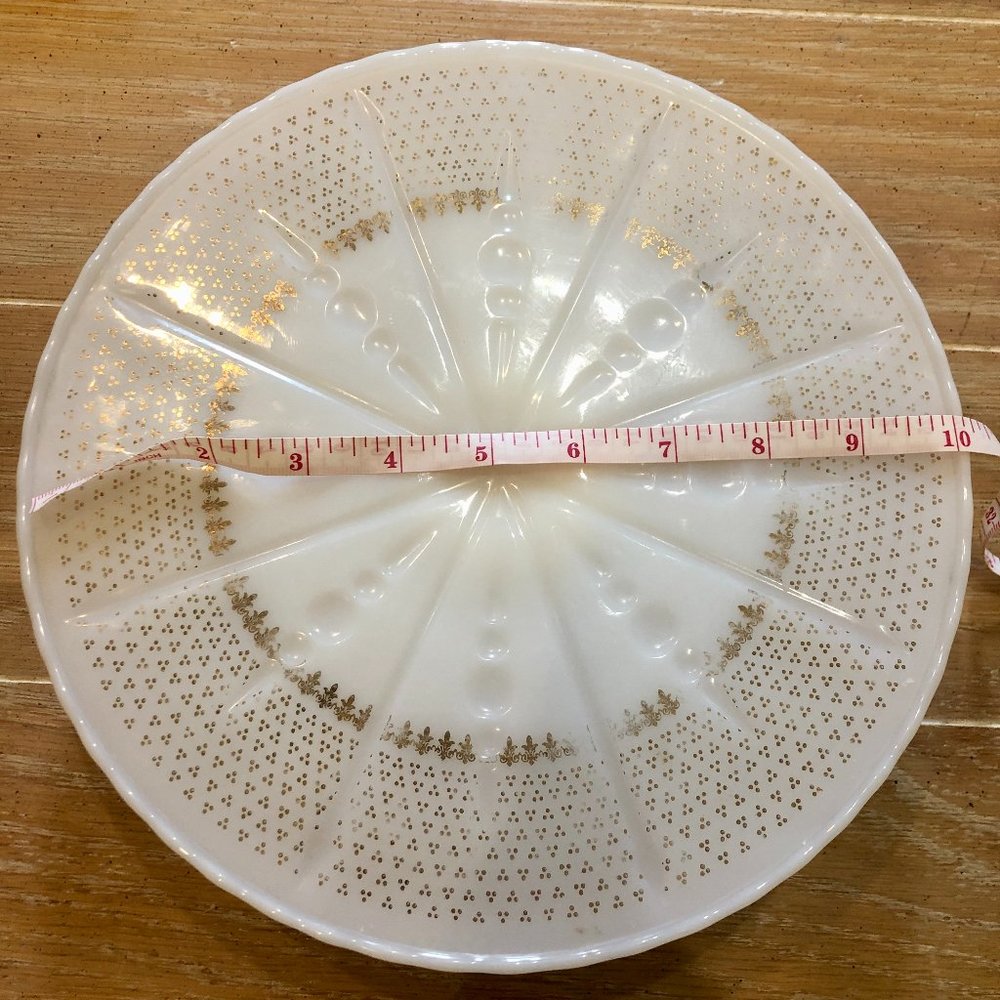 Vintage Anchor Hocking Milk Glass Cake Stand with Gold Accents